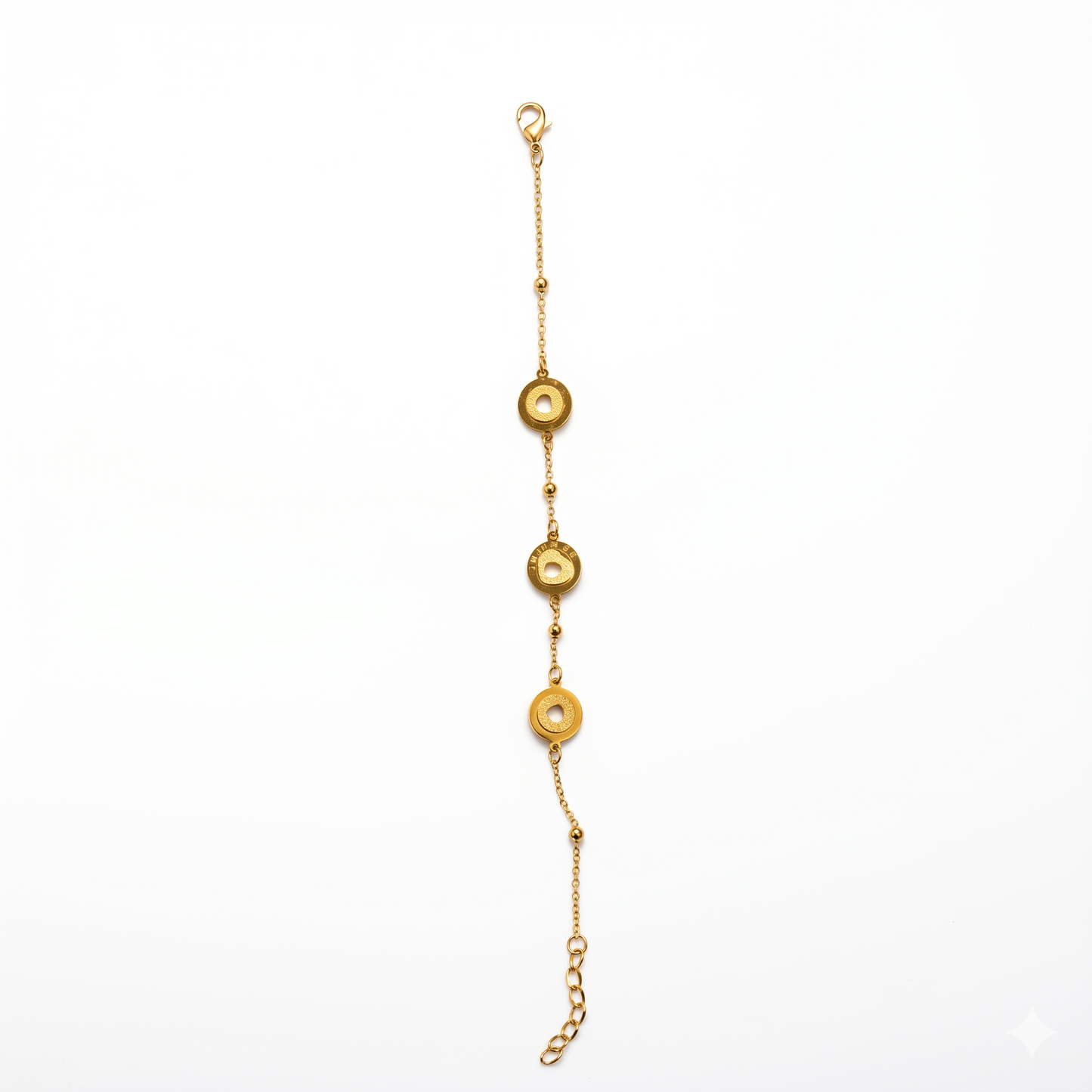 
                  
                    Luxury 18K Gold Plated Stainless Steel Triple Circle Charm Bracelet – Elegant Textured Donut Link Adjustable Chain Bracelet for Women, Anti-Tarnish Jewelry
                  
                