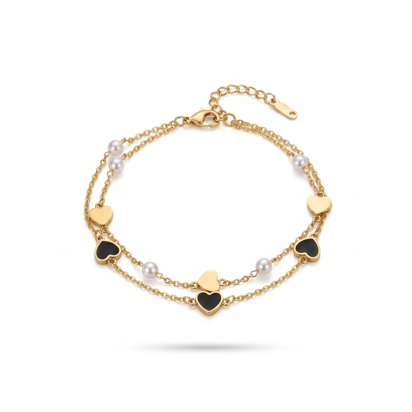 
                  
                    Double Layer Stainless Steel Heart Bracelet - Black Enamel & Pearl Charm Wrist Accent
                  
                
