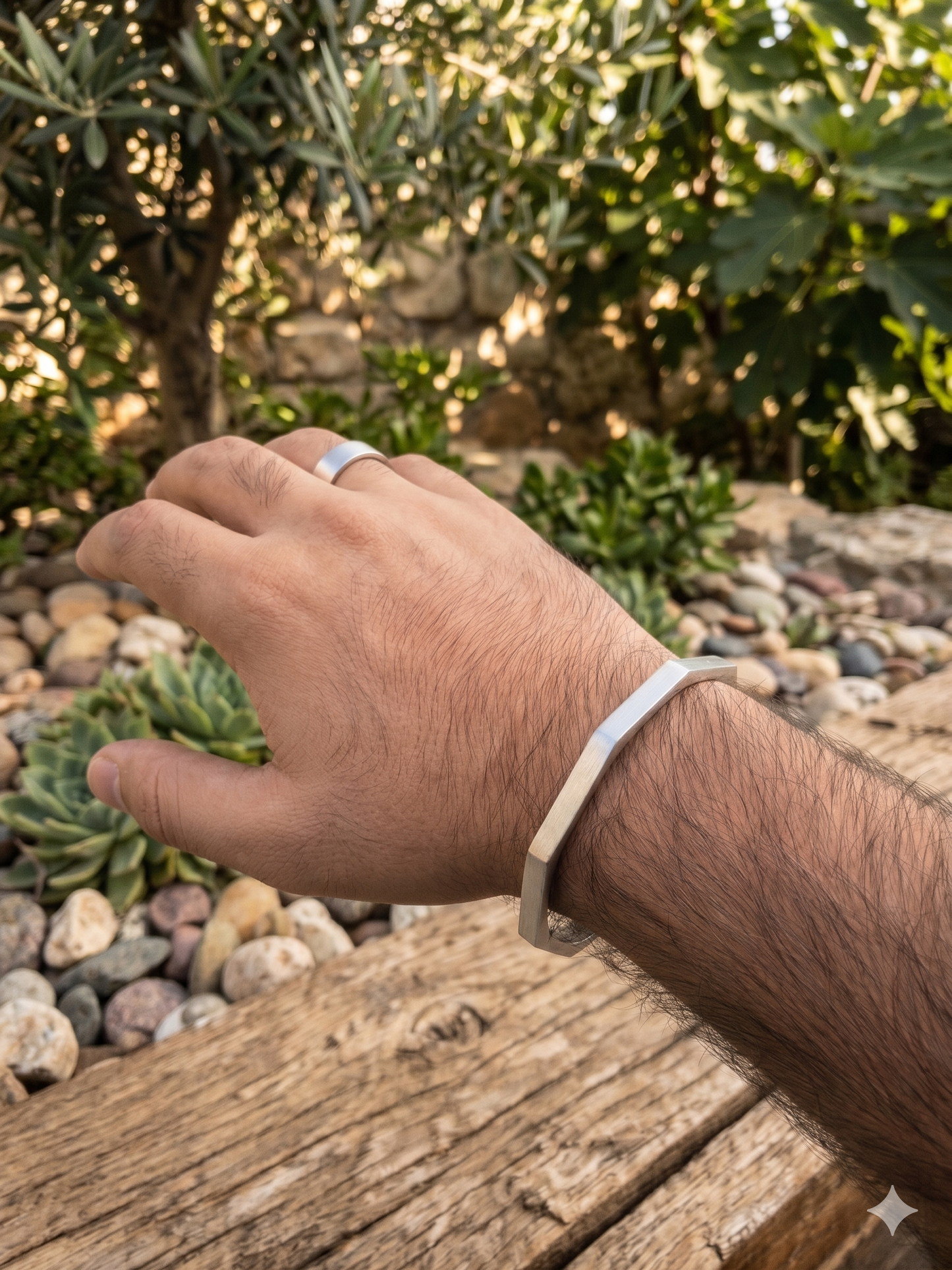 
                  
                    Handcrafted Silver Geometric Cuff Bracelet & Minimalist Band Ring Set
                  
                
