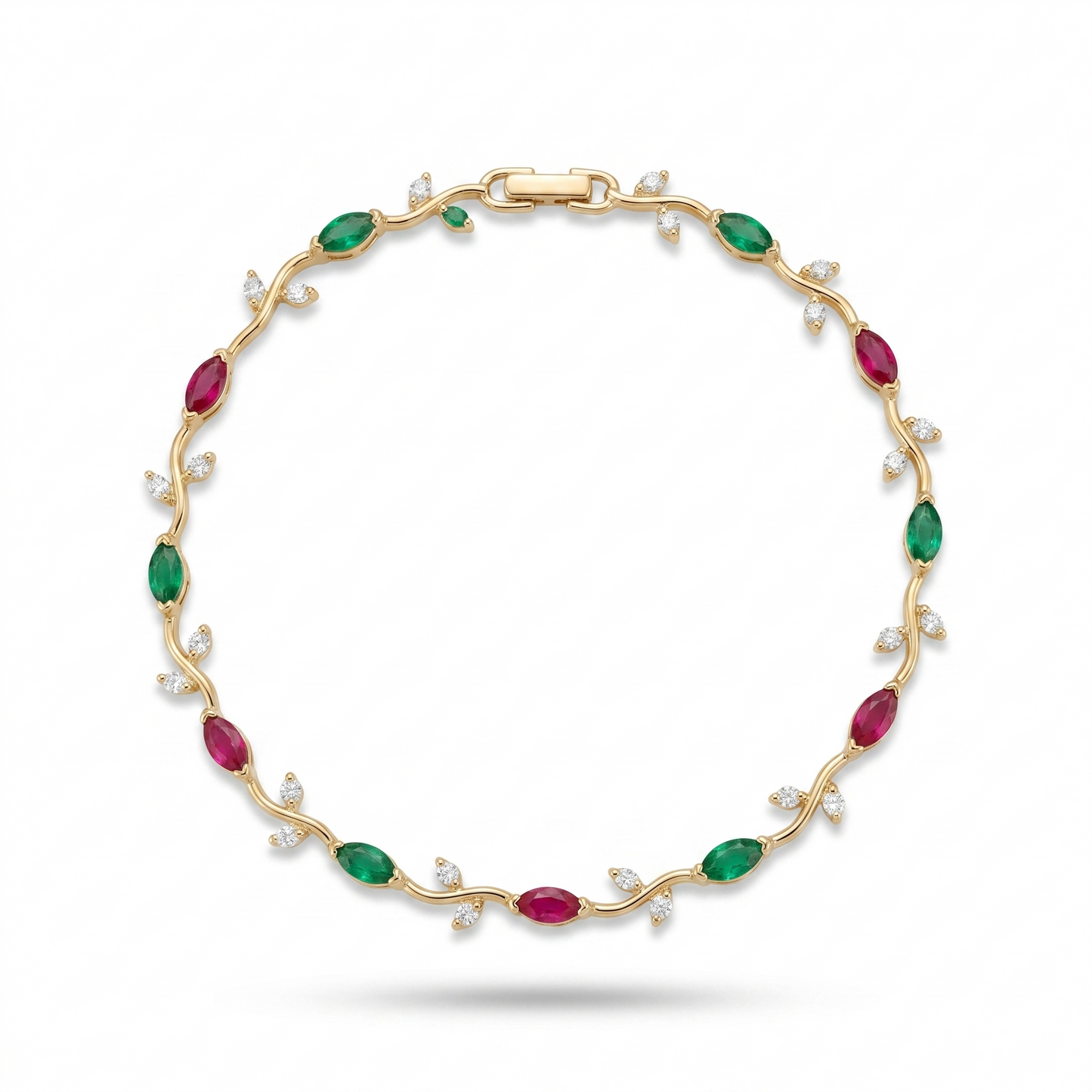 
                  
                    Natural Ruby & Emerald Vine Bracelet in 18K Yellow Gold | Elegant Marquise Cut Gemstone & Diamond Tennis Bracelet
                  
                