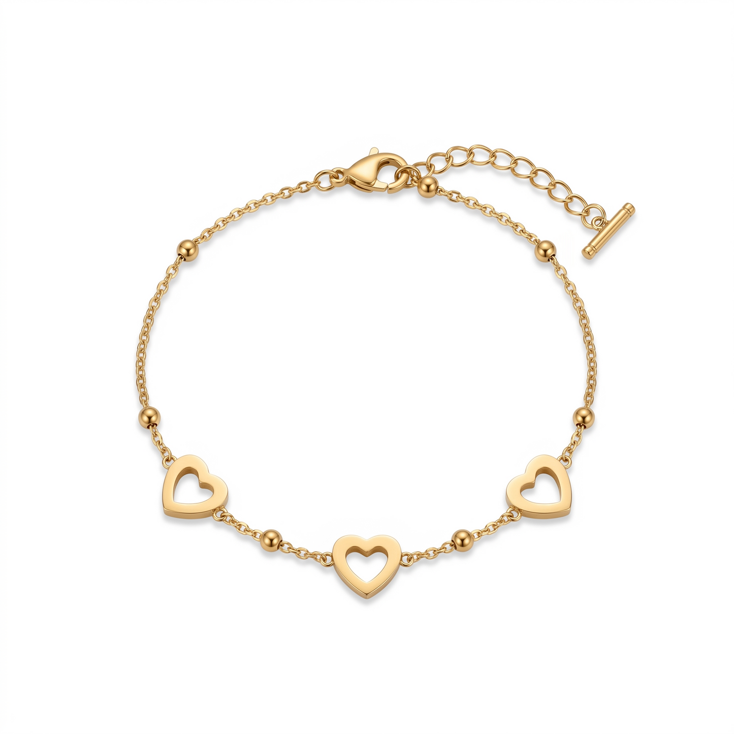 
                  
                    Women's Dainty Gold Bracelet with Heart Charms - Stainless Steel/Silver T-Bar Adjustable Heart Outline Chain Layering Bracelet
                  
                