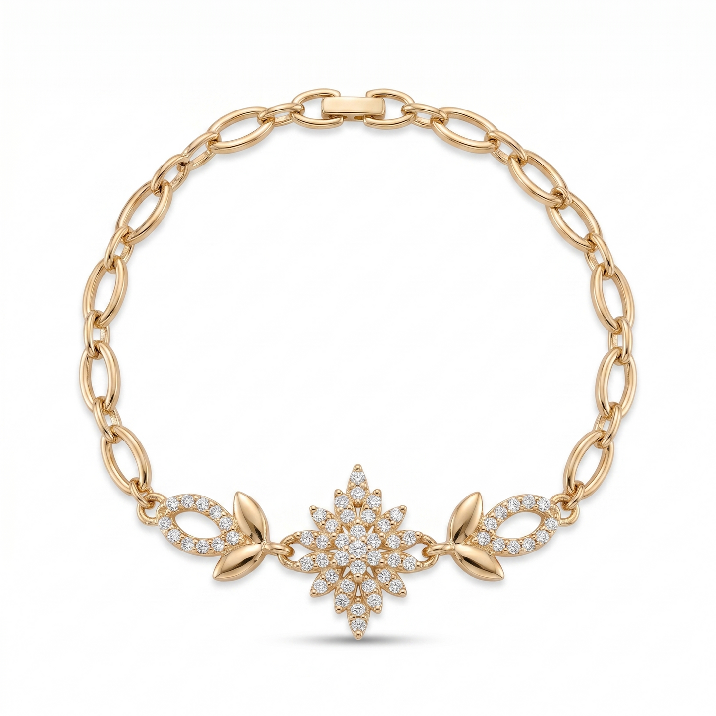 
                  
                    Luxury 18K Gold Plated Crystal Flower Statement Bracelet – Elegant Adjustable Chain Jewelry for Women
                  
                