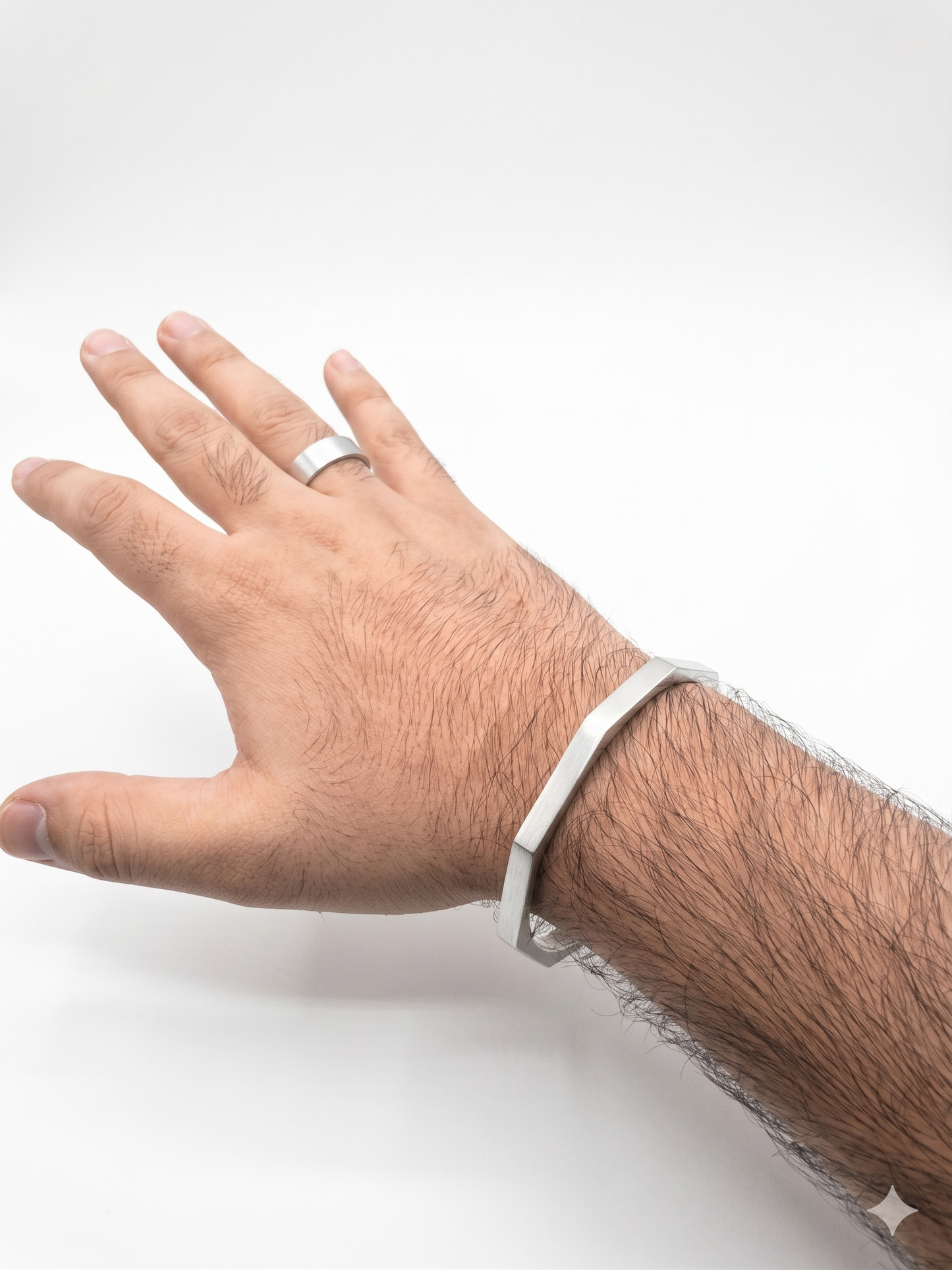 
                  
                    Handcrafted Silver Geometric Cuff Bracelet & Minimalist Band Ring Set
                  
                