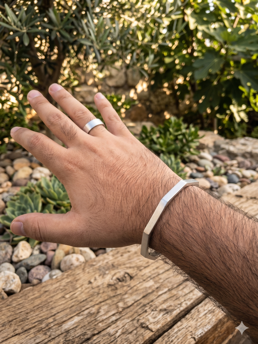 Handcrafted Silver Geometric Cuff Bracelet & Minimalist Band Ring Set ...