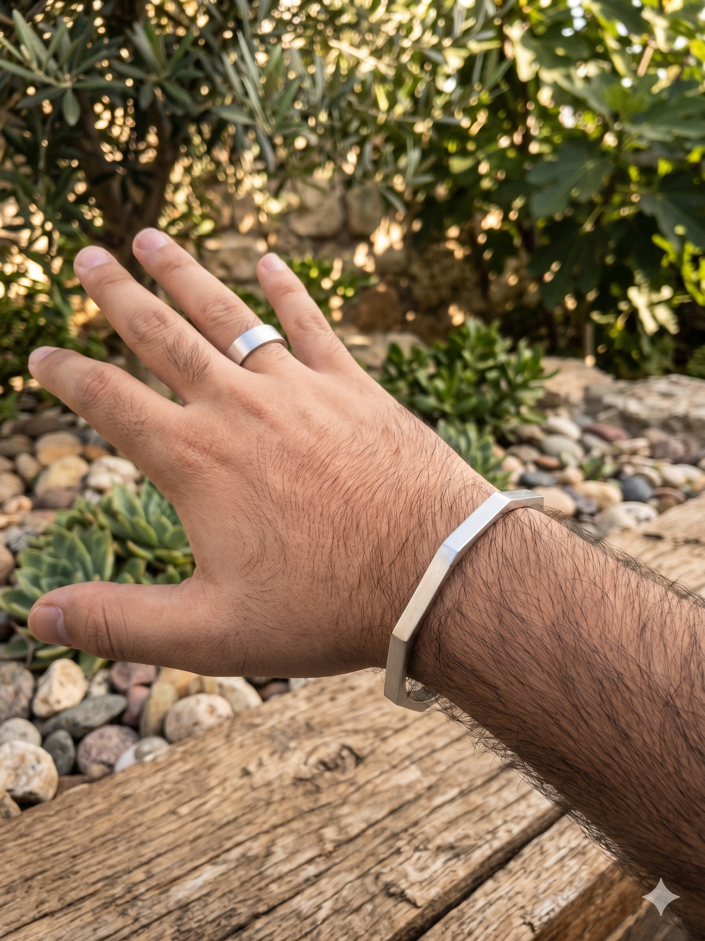 
                  
                    Handcrafted Silver Geometric Cuff Bracelet & Minimalist Band Ring Set
                  
                