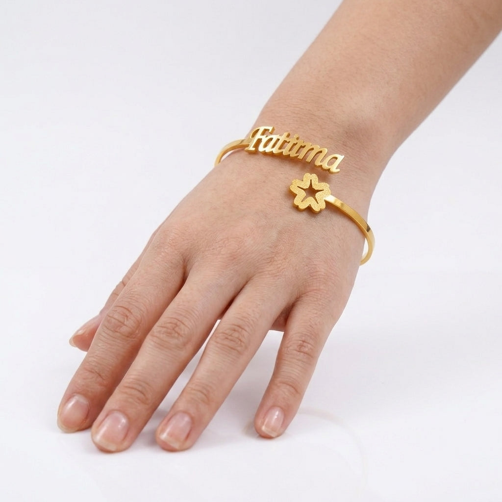 
                  
                    Custom Name Floral Blossom Bangle – Personalized Adjustable Flower Cuff Bracelet for Women
                  
                