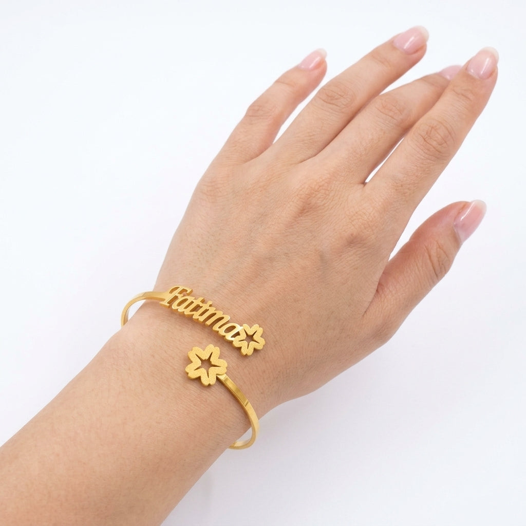 
                  
                    Custom Name Floral Blossom Bangle – Personalized Adjustable Flower Cuff Bracelet for Women
                  
                