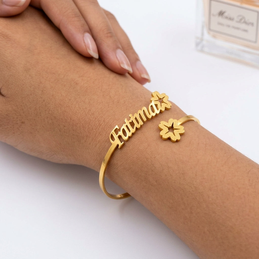 
                  
                    Custom Name Floral Blossom Bangle – Personalized Adjustable Flower Cuff Bracelet for Women
                  
                