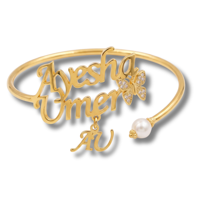Personalized Gold Name Bangle – Elegant Custom Bracelet with Pearl Accent