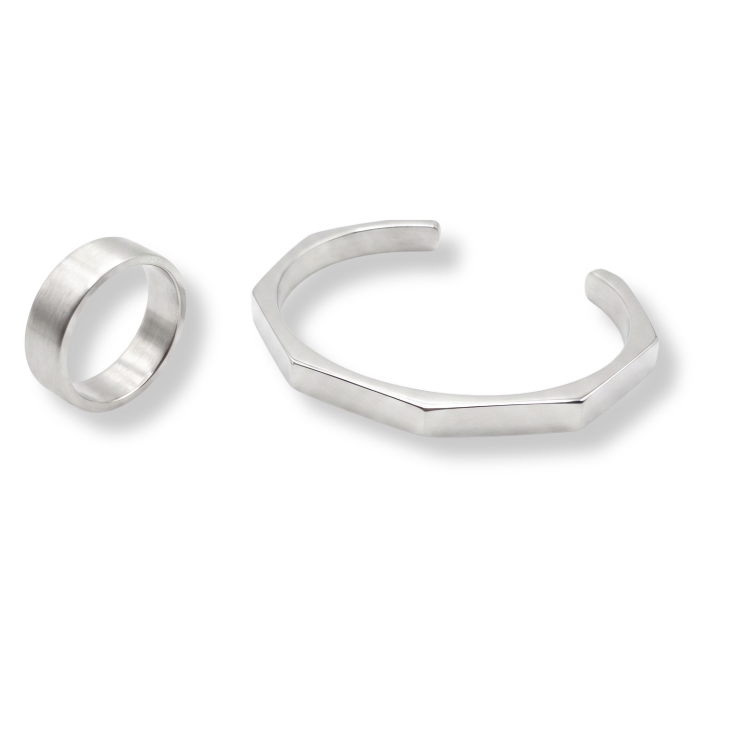 
                  
                    Handcrafted Silver Geometric Cuff Bracelet & Minimalist Band Ring Set
                  
                
